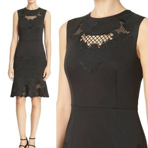 Ted Baker Chrysa Sheath Dress Black Embroidered Frill Hem Knee Length Womens 8